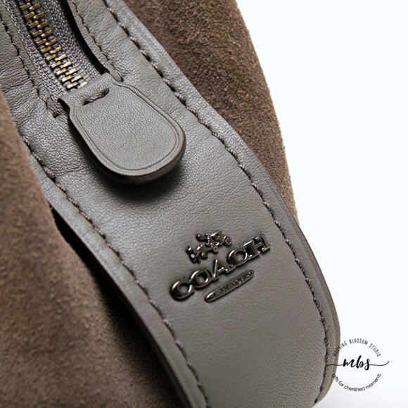 Coach Edie 42 Pebble Leather with Suede Sides Hobo Shoulder Bag Gray Tan - Picture 9 of 16